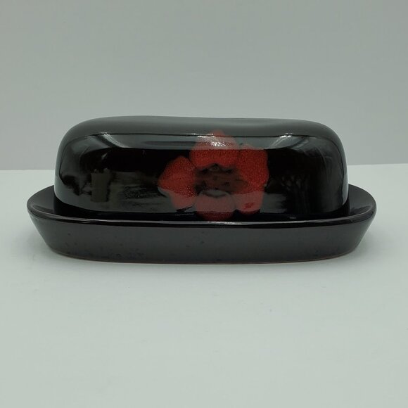 Pfaltzgraff Painted Poppies Covered Butter Dish Brown Floral Butter Keeper - Picture 2 of 7
